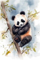 Whimsical watercolor playful baby panda  generative AI art