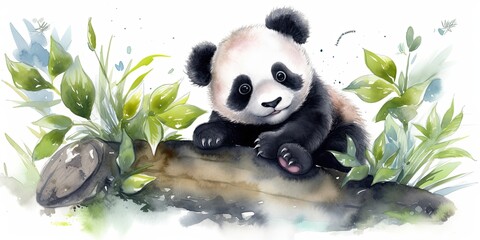 Whimsical watercolor playful baby panda  generative AI art