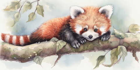 Obraz premium Whimsical watercolor playful baby red panda generative AI art