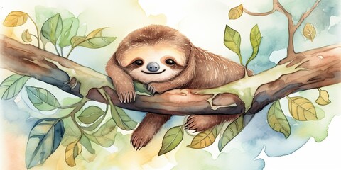Whimsical watercolor playful baby sloth  generative AI art - obrazy, fototapety, plakaty