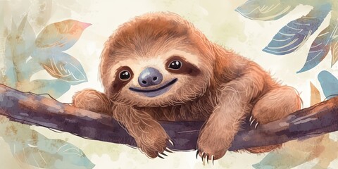 Whimsical watercolor playful baby sloth  generative AI art