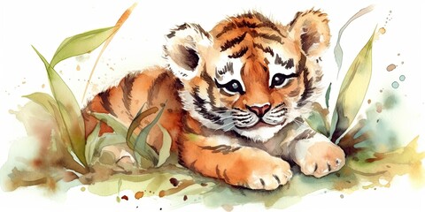 Whimsical watercolor playful baby tiger cub  generative AI art