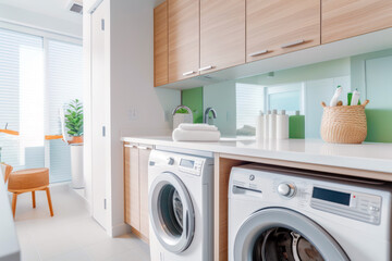 Laundry room interior with washing machine, dryer and cabinets. Modern apartment house facilities. Generative AI