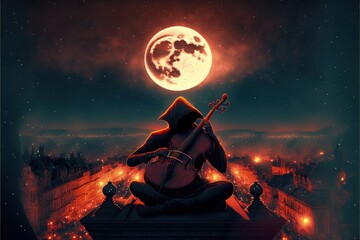 Fototapeta premium A celestial musician on a rooftop playing the cello amidst a cityscape under a stunning solar eclipse. Fantasy concept , Illustration painting. Generative AI