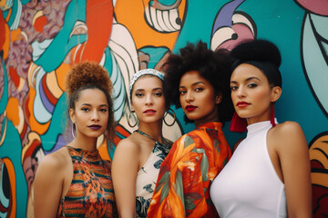 Fototapeta premium Portrait of a multinational multiethnic group of women in bright national dresses. Generative AI 