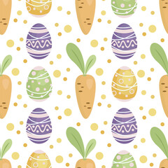 Carrots, flowers and decorated, different color eggs seamless pattern for Easter. Orange carrot and purple, green, yellow egg with polka dots and stripes, golden polka dots. The endless pattern 