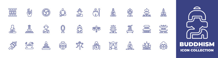 Buddhism line icon collection. Editable stroke. Vector illustration. Containing prayer wheel, mudra, buddhism, buddha, mokugyo, temple, stupa, monk, japa mala, pagoda, incense, prayer, and more.
