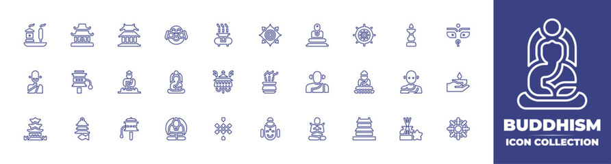 Buddhism line icon collection. Editable stroke. Vector illustration. Containing incense, temple, buddha, chakra, great buddha of kamakura, buddhism, butter lamp, eyes, monk, rattle, and more.