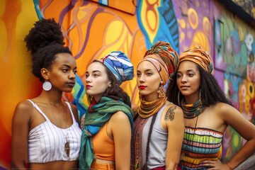 Obraz premium Portrait of a multinational multiethnic group of women in bright national dresses. Generative AI 