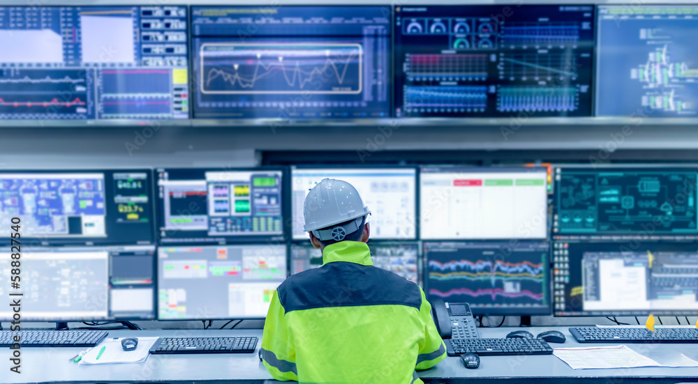 Wall mural engineer working at control room,manager control system,technician man monitoring program from a lot