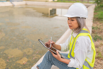 Fototapeta premium Environmental engineers work at wastewater treatment plants,Water supply engineering working at Water recycling plant for reuse,Technicians and engineers discuss work together.