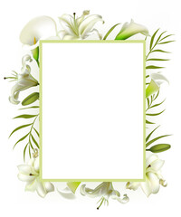 White flowers. Flower background. Calla. Lilies. Orchids. Green leaves. Wedding invitation.