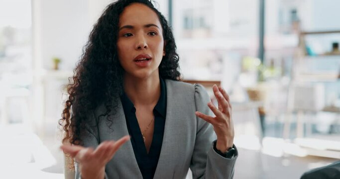 Interview, recruitment and meeting of woman with business discussion, career opportunity and Human Resources. Onboarding, hiring and professional biracial person speaking in office or recruiting job