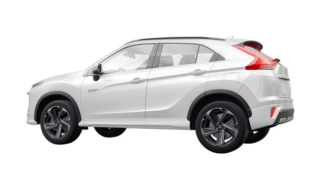San Diego, USA. March 31, 2023. White Mitsubishi Eclipse Cross PHEV 2022 on a white background. Hybrid SUV car. 3d rendering.