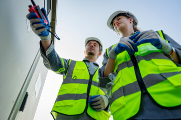 Electrical engineer on solar farm with large structure Check maintain rehearse damaged parts from use in order to produce electricity with maximum efficiency throughout its service life professionally