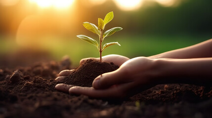 Hands holding soil with growing young plant on green nature background. Eco concept. Based on Generative AI