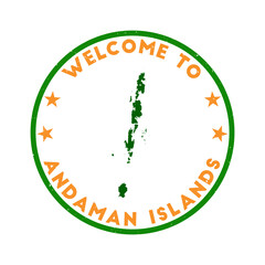 Welcome to Andaman Islands stamp. Grunge island round stamp with texture in Mango Madness color theme. Vintage style geometric Andaman Islands seal. Attractive vector illustration.