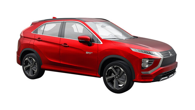 San Diego, USA. March 31, 2023. Red Mitsubishi Eclipse Cross PHEV 2022 on a white background. Hybrid SUV car. 3d rendering.