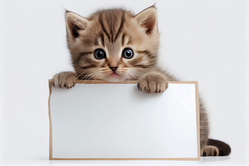 Funny kitten cat holding a blank sign, sheet of paper for text.