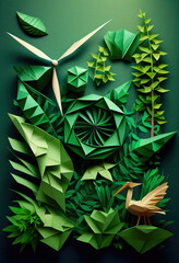 Exploring the World of Green Energy: Stunning Illustrations of Eco-Friendly Solutions, paper art and craft style concept. Created using generative AI.