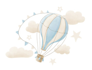 Fototapeta na wymiar Hot Air Balloon for Baby Shower. Hand drawn watercolor vintage illustration for childish greeting cards or invitations on isolated background in pastel blue and beige colors. Drawing for newborn party