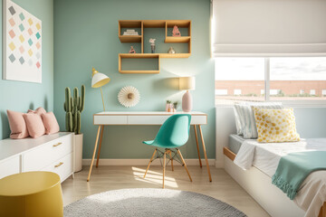 Modern student bedroom interior. Pastel colors desk for study and bed. Generative AI