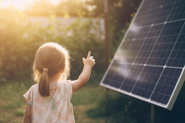 Little Child Standing by Solar Panel with Green Bokeh Background and Sun Rays