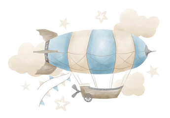 Vintage Airship with garlands and clouds in pastel blue and beige colors on isolated background. Hand drawn watercolor illustration for Baby shower greeting cards. Retro Aerostat in steampunk style. © Alisles