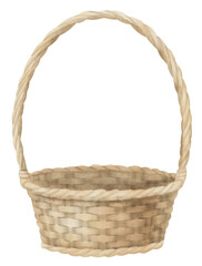 Wicker round Basket for picnic. Hand drawn watercolor illustration of empty traditional container on isolated background. Drawing of Vintage Rustic hamper. Traditional object for flowers food.