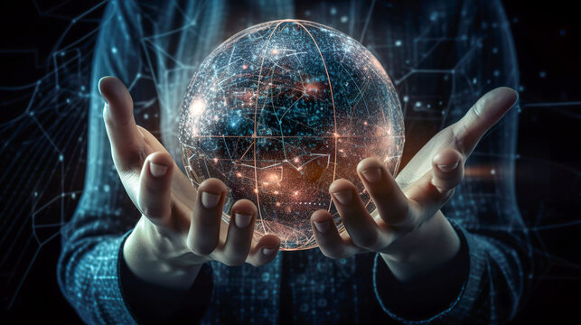 Hand held globe with connection technology.Metaverse Technology. Next generation technology. Global network connection, science, innovation and communication technology.AI generated illustration.