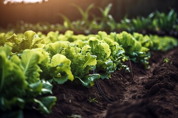 Row of healthy lettuce growing on a field in summer sunshine. Generative 