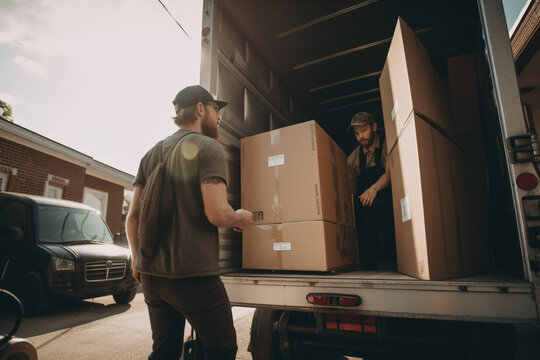 An employee of a moving company unloads things from a truck. Generative AI	

