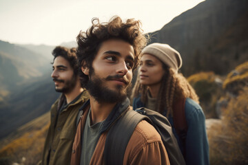 Portrait of a group of friends on a hike against the backdrop of nature.  Generative AI	

