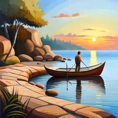 Boat with a Fisher, oil painting, created using generative AI