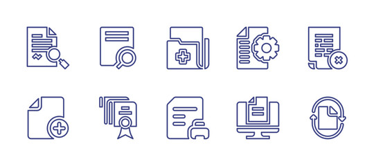 Documentation line icon set. Editable stroke. Vector illustration. Containing document, search file, medical records, file, add, computer, recycling paper.