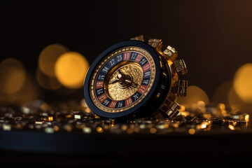 Casino roulette in black and gold style. Roulette Wheel, Casino Chips And Coins, Modern Black And Golden Isolated On The Black Background. Casino Gambling Concept, generative AI