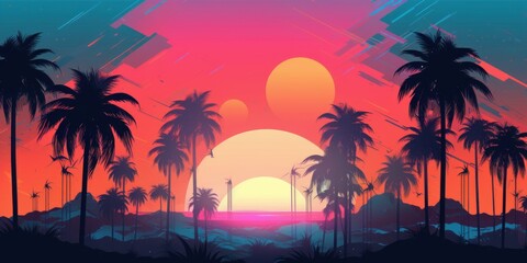 Sunset with palm trees, vector, illustration, bold colors