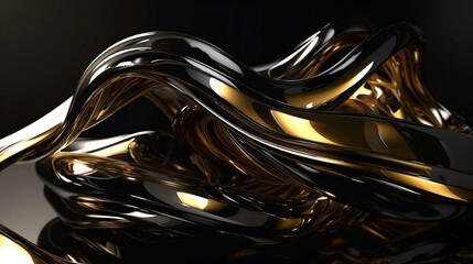3D fluid twisted wavy glass morphism. Elegant texture with black, gold and metal colors.