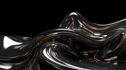 Abstract 3D fluid twisted wavy glass morphism. black and metal colors with lots of reflections. Design visual element for background, wallpaper, banner, cover, poster or header