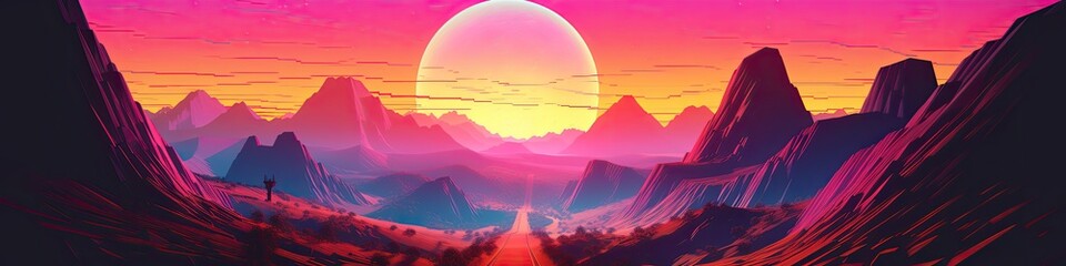 Landscape with sunset and mountains, retro, 80's. Generative IA
