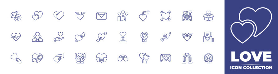 Love line icon collection. Editable stroke. Vector illustration. Containing chat, hearts, heart, invitation, love, exploding, love letter, charity, heart rate, family, healthcare, trophy, and more.