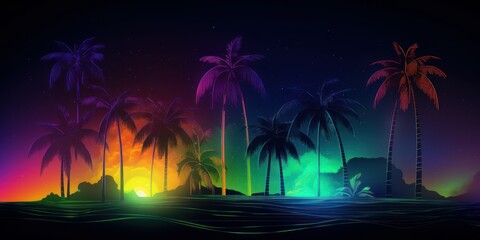 Fototapeta na wymiar Sunset with palm trees, vector, illustration, bold colors