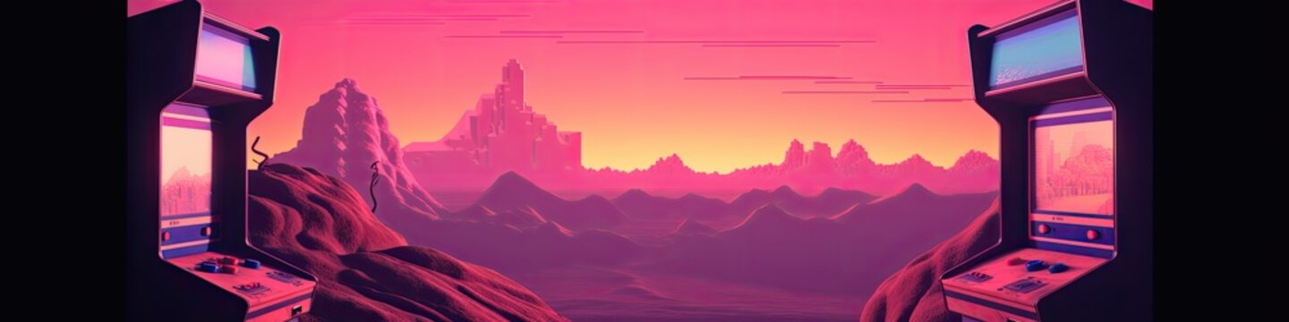 Landscape with arcade machine, mountains and sunset in the background, retro video game, 80's. Generative AI
