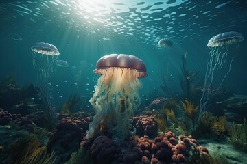 Fototapeta na wymiar Landscape with jellyfish under the sea, marine life concept. Generative AI