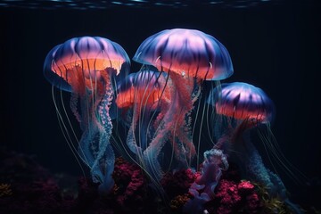 Landscape with jellyfish under the sea, marine life concept. Generative AI