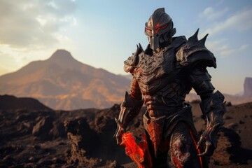 Landscape with lava monster and molten rock, volcanic landscape. Generative AI