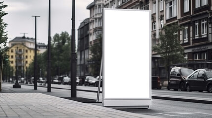 Blank White Billboard Mockup at Downtown City Bus Stop: Ideal for Impactful Advertising Campaigns, AI generated.