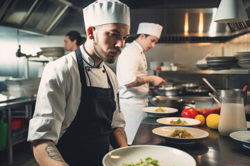 Professional chef cooking in the kitchen restaurant at the hotel, preparing dinner. generative AI
