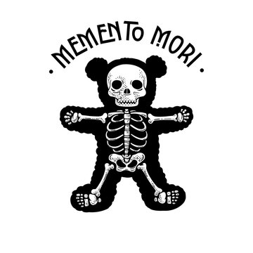 Memento mori t-shirt design teddy bear skeleton line art sketch engraving vector illustration. T-shirt apparel print design. Scratch board imitation. Black and white hand drawn image.