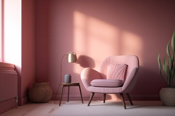 Pink armchair and empty pink wall in the background. AI digital illustration